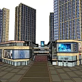 Modern Commercial Plaza With High Rise Buildings LED Screen Fountain Shops And Pedestrians