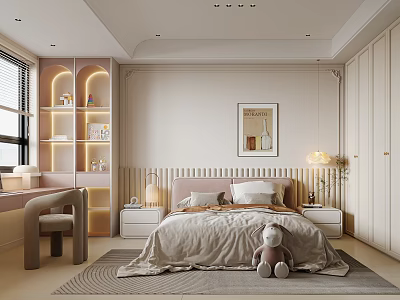 Cozy Kids Room Design With Bed Teddy Bear Bookshelf Desk Decorative Painting And Rug 3d model
