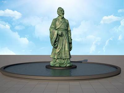 Ancient Green Landscape Sculpture In Circular Pool With Blue Sky White Clouds And Gray Tiles 3d model