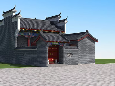Traditional Ancient Chinese Architecture With Gray Brick Walls Red Door And Upturned Eaves 3d model