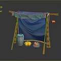 Blue Canopy Structure With Orange Stands Gray Vase Yellow Pumpkins And Fruits