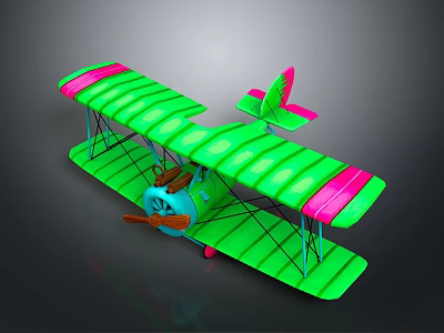 Green Biplane Toy With Pink Edges Blue Body And Propeller For Space Theme 3d model