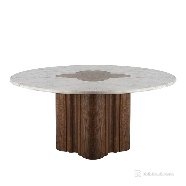 Round Marble Top Dining Table With Inlaid Design And Wooden Legs 3d model 