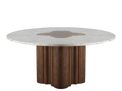 Round Marble Top Dining Table With Inlaid Design And Wooden Legs 3d model