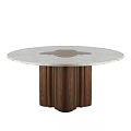 Round Marble Top Dining Table With Inlaid Design And Wooden Legs
