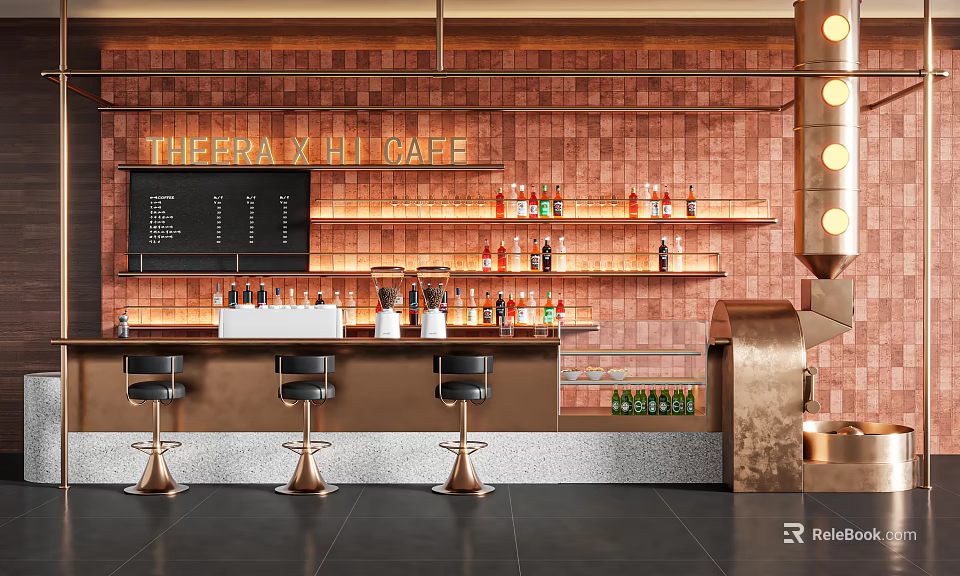 Copper Brick Wall Cafe Bar Interior With Shelves Bar Stools And Menu Board 3d model 