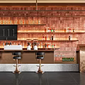 Copper Brick Wall Cafe Bar Interior With Shelves Bar Stools And Menu Board