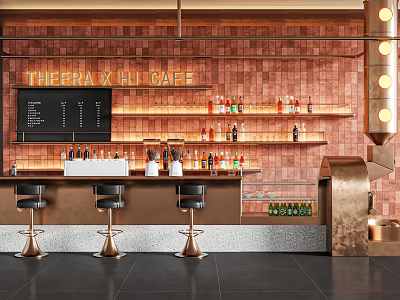 Copper Brick Wall Cafe Bar Interior With Shelves Bar Stools And Menu Board 3d model
