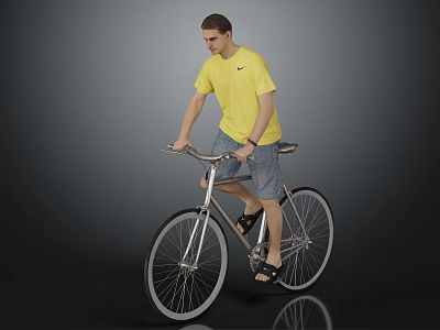 Man in yellow T-shirt and shorts riding a bicycle against gray background 3d model