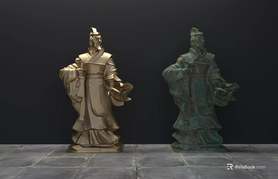 Two Ancient Figure Landscape Sculptures In Traditional Robes With Different Colors Standing On Stone Ground 3d model 
