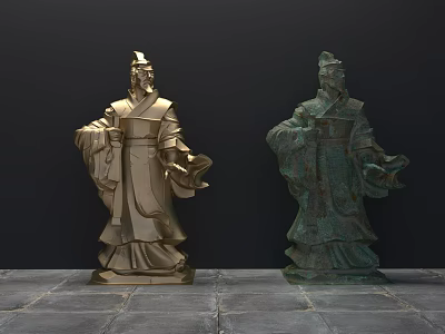 Two Ancient Figure Landscape Sculptures In Traditional Robes With Different Colors Standing On Stone Ground 3d model