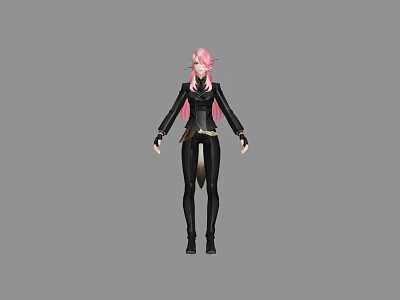 Game and Movie Character with Pink Long Hair in Black Tight Outfit and Brown Belt 3d model