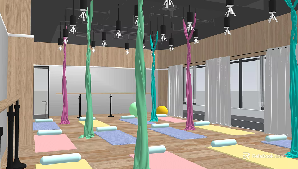 Bright Yoga Studio With Aerial Silks Yoga Mats And Fitness Training Equipment 3d model 