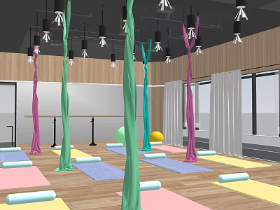 Bright Yoga Studio With Aerial Silks Yoga Mats And Fitness Training Equipment 3d model