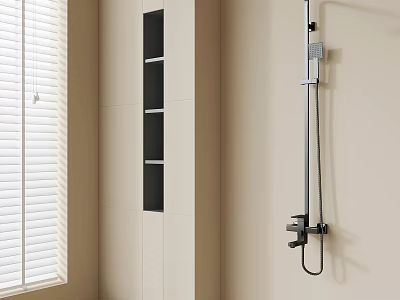Sleek Modern Shower System with Black Shelving and White Window Blinds on Beige Bathroom Wall 3d model