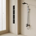 Sleek Modern Shower System with Black Shelving and White Window Blinds on Beige Bathroom Wall