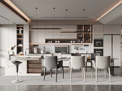 Modern Restaurant Interior With Open Design Dining Table Chairs Island And Pendant Lights 3d model