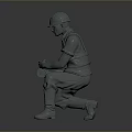 3D Construction Worker Model Wearing Safety Helmet And Work Uniform In Crouching Position Holding Tool