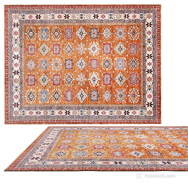 Vibrant Orange Square Rug With Geometric Patterns And Intricate Borders 3d model