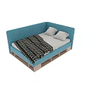 Blue Upholstered Double Bed With Wooden Frame Storage Compartments Gray Pillows And Patterned Blanket 3d model
