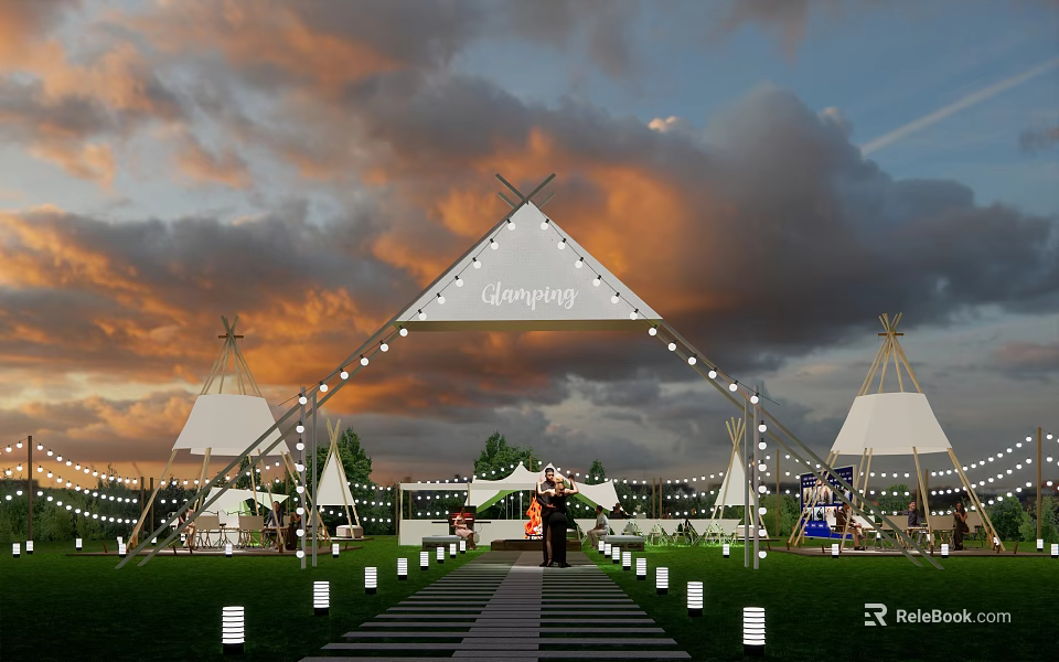 Scenic Glamping Campground With Tipi Tents String Lights Stone Path And Sunset Sky 3d model 