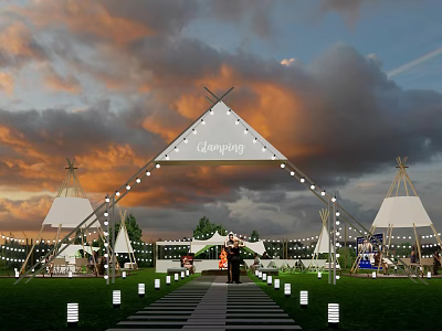 Scenic Glamping Campground With Tipi Tents String Lights Stone Path And Sunset Sky 3d model