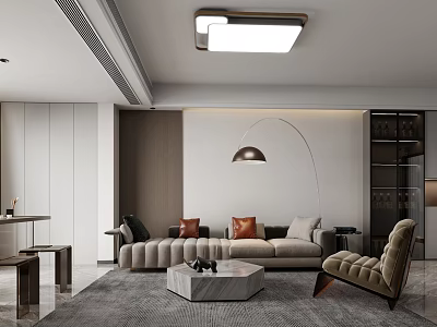 Modern Living Room Interior With Light Sofa Coffee Table Curved Floor Lamp And Gray Rug 3d model