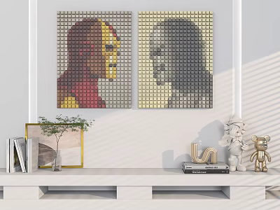 Mosaic Art Iron Man and Portrait Living Room Decor with TV Stand Green Plant Sculptures 3d model