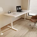 Modern White Desk Setup With Laptop Small Photo Frame Floor Lamp And Brown Office Chair