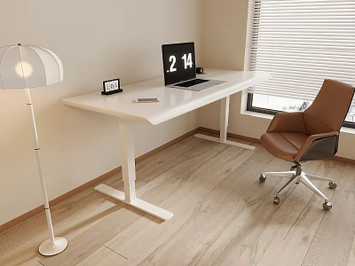 Modern White Desk Setup With Laptop Small Photo Frame Floor Lamp And Brown Office Chair 3d model