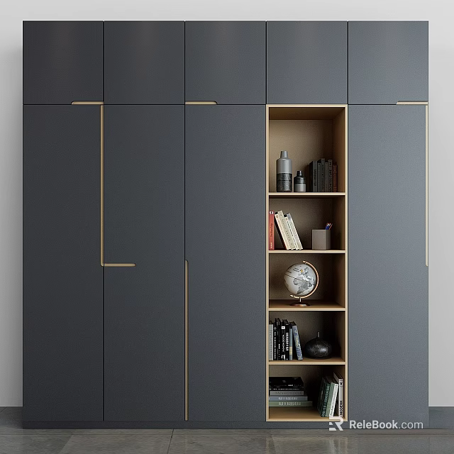 Modern Dark Gray Dresser With Gold Accents And Open Storage Shelves 3d model 
