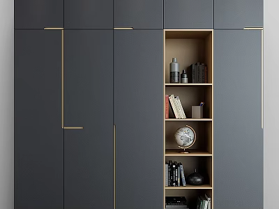 Modern Dark Gray Dresser With Gold Accents And Open Storage Shelves 3d model