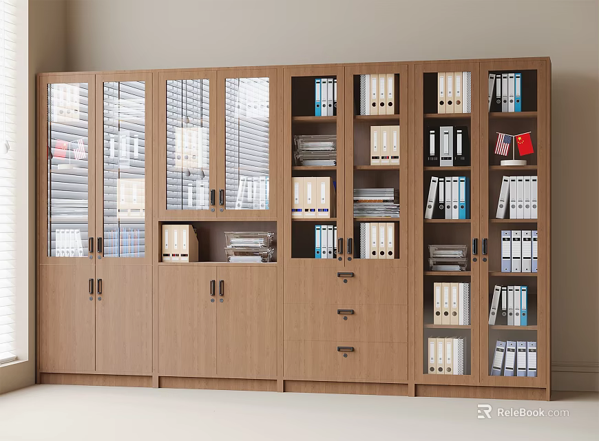 Wooden Office Filing Cabinet With Glass Doors Multiple Compartments And Organized Folders 3d model 