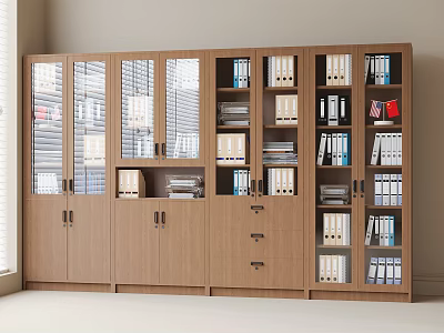Wooden Office Filing Cabinet With Glass Doors Multiple Compartments And Organized Folders 3d model