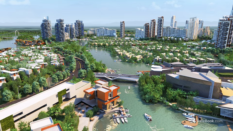 Aerial Urban Planning With Riverside Modern Residential Buildings Green Spaces Bridge And Boats 3d model 
