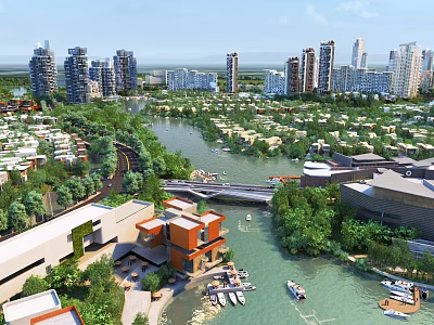 Aerial Urban Planning With Riverside Modern Residential Buildings Green Spaces Bridge And Boats 3d model