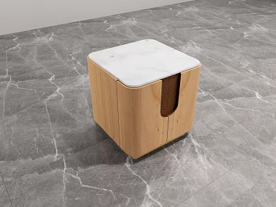 Modern Wooden Bedside Table With Marble Top And Rattan Side Accent Design 3d model