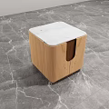 Modern Wooden Bedside Table With Marble Top And Rattan Side Accent Design