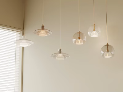 Modern Minimalist Pendant Lights Hanging With Glass Shades And Brass Details In Indoor Space 3d model