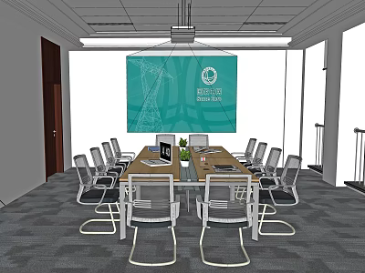 Modern Conference Room Interior With Long Table Projection Screen Chairs Ceiling Lights And Windows 3d model