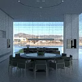Modern Private Dining Box With Round Table Chairs And Large Scenic Windows 3d model
