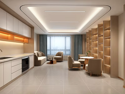 Modern Open Kitchen Interior Design With White Cabinets Sofa Chairs And Bookshelves 3d model