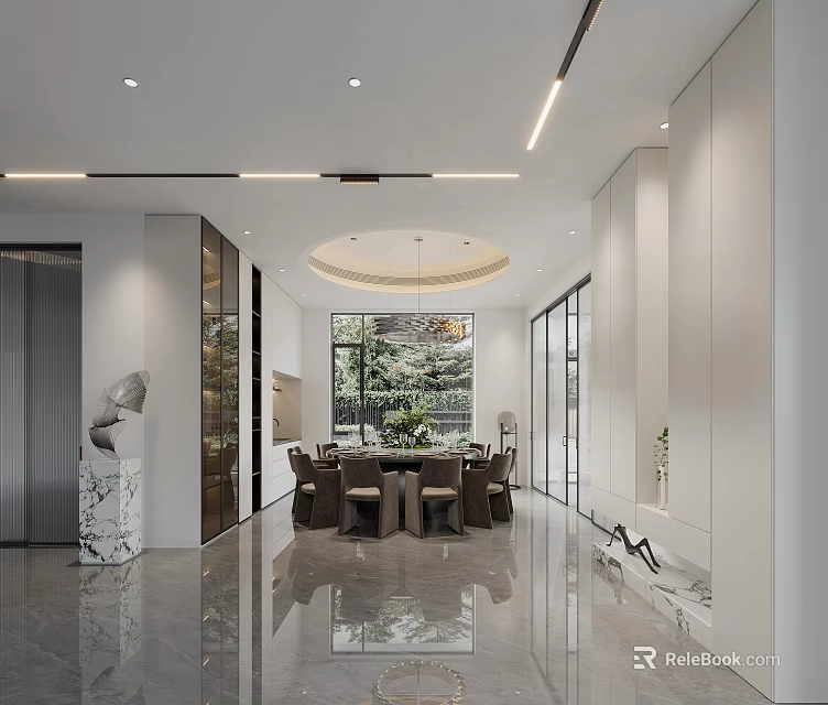 Modern Restaurant Interior Design With Circular Pendant Light Large Windows And Marble Decor 3d model 