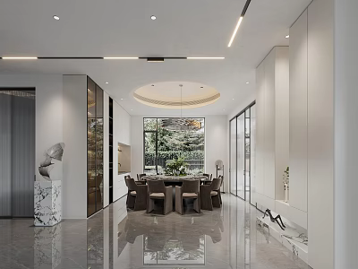 Modern Restaurant Interior Design With Circular Pendant Light Large Windows And Marble Decor 3d model