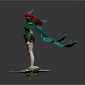 Red Haired Female Character in Feathered Attire with Symbiotic Green Blue Spiked Creature