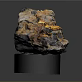 Natural Stone Mineral Specimen With Golden Crystal Inclusions And Black White Texture On Display Base