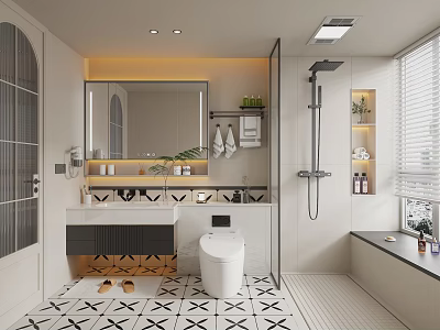 Modern Bathroom Interior Design With Marble Vanity Mirror Toilet Shower Area And Tiled Floor 3d model