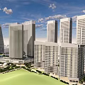 Modern Commercial Complex With High Rise Buildings Green Spaces And Plaza