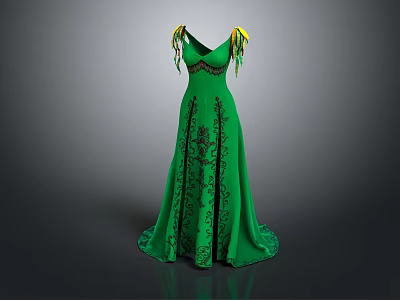Green Long Evening Gown with V neckline yellow shoulder decorations and black embroidery details 3d model