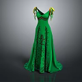 Green Long Evening Gown with V neckline yellow shoulder decorations and black embroidery details